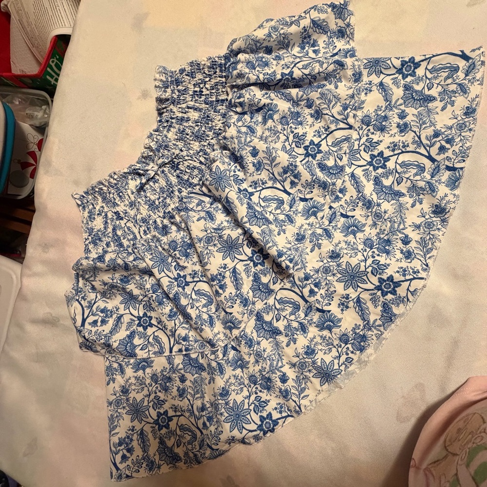 White and Blue Floral Smocked Mini Skirt